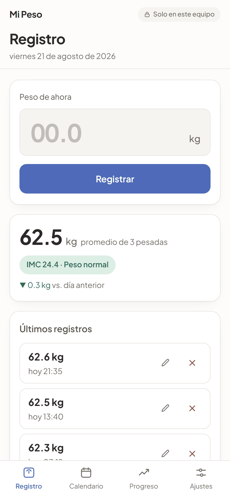 Pantalla de registro: campo de peso, botón Registrar, promedio del día con su IMC y últimos registros.